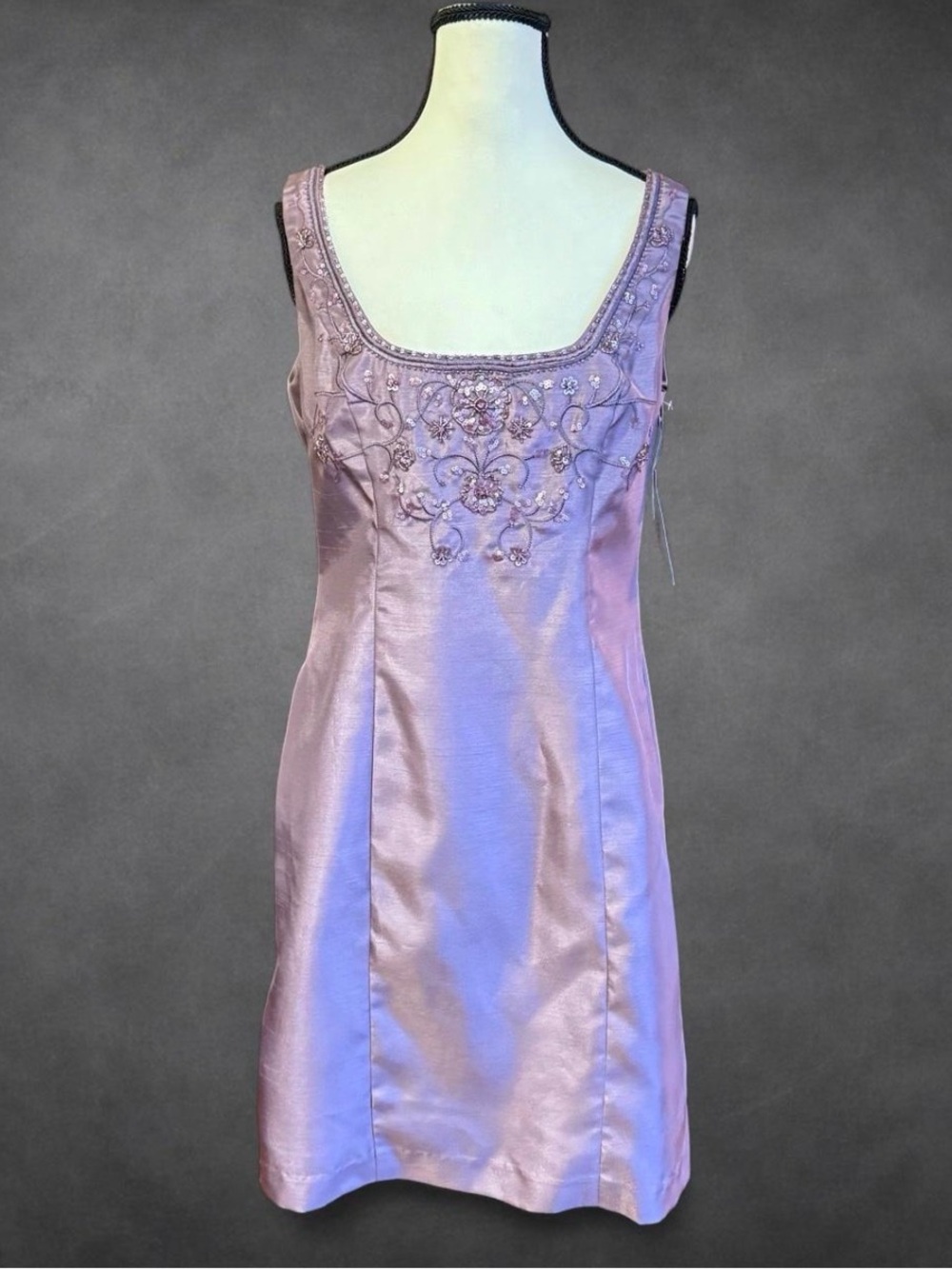 Cachet Beaded Sequin Plum Satin Sheath Cocktail Dress - Size 4